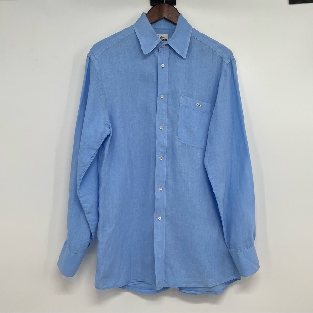 Lacoste Linen Button Down Shirt Size 38 Regular Long Sleeve Light Blue Mens